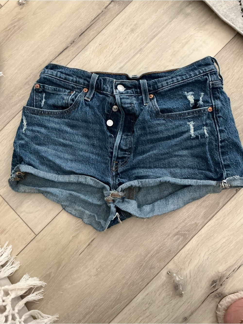 Levi's Dark Blue Distressed Rolled Hem Jean Shorts